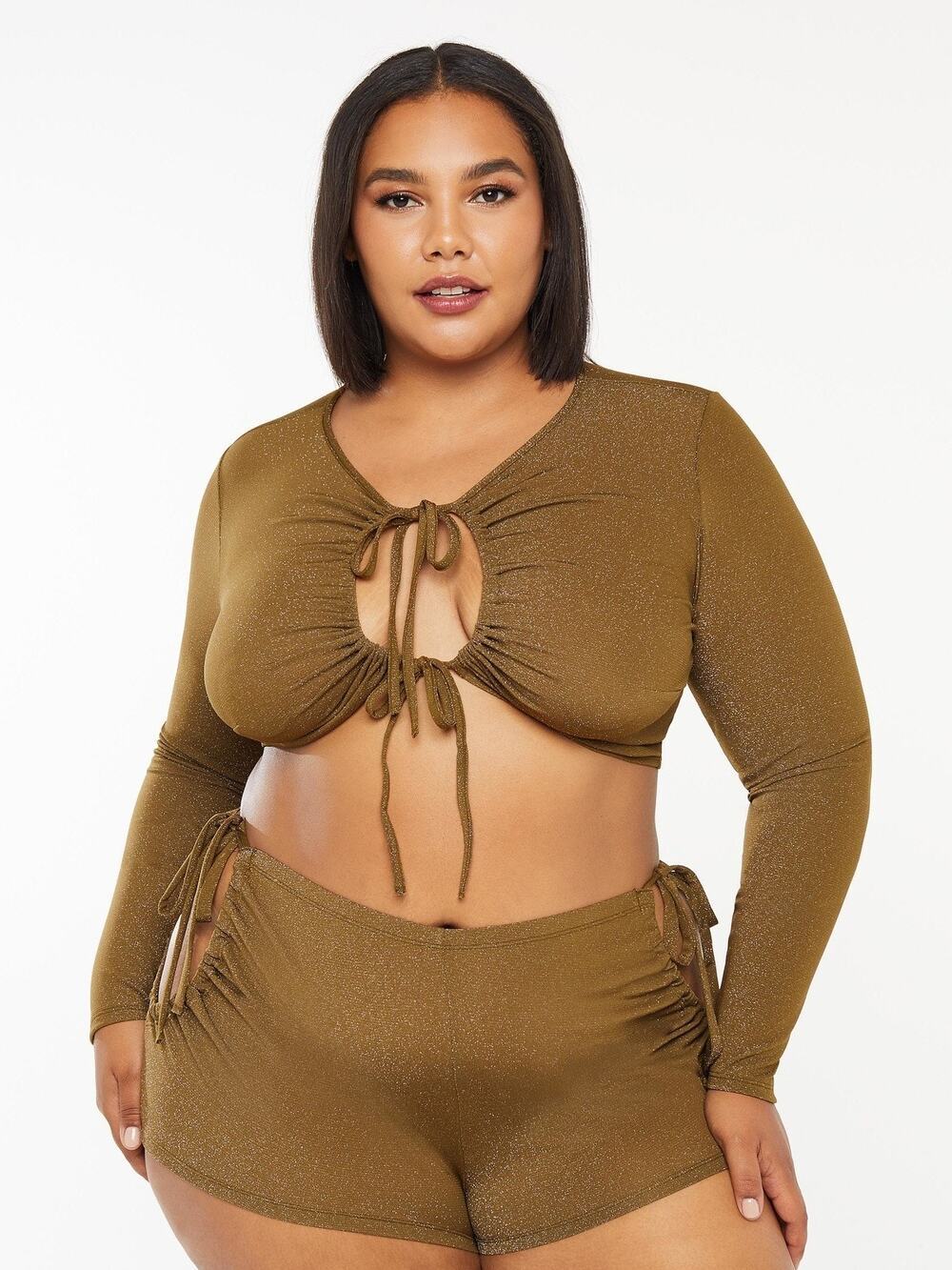 Savage X Fenty Sleep & Shine Long Sleeve Crop Tee New Sz 3X Olive Green Sparkle